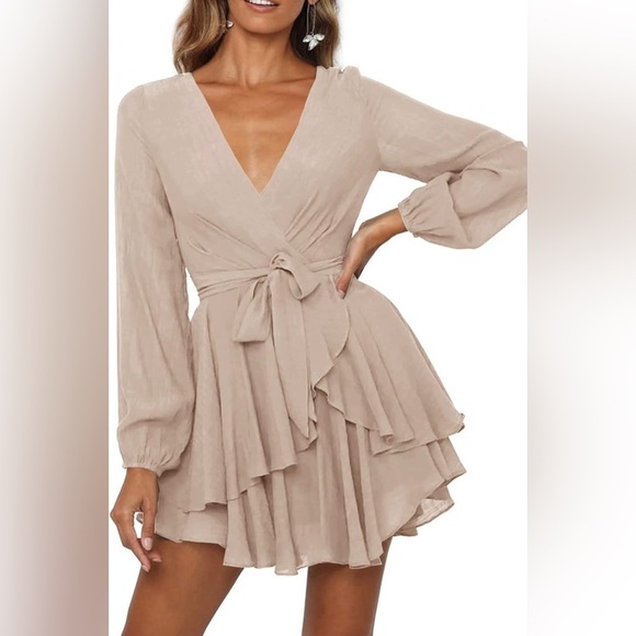 Amazon Dresses & Skirts - BIN#1 - AMAZON Women’s S V-Neck Ruffle Long Sleeved Tie Waist Swing Mini Dress